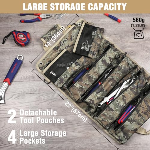 WORKPRO Camo Roll Up Tool Bag, 6-Pocket Organizer with Detachable Pouches - color: Camo