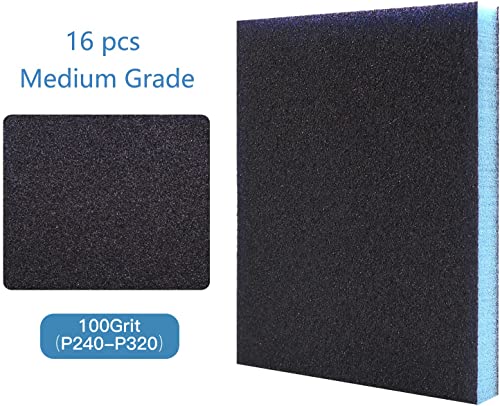 16Pcs 100 Grit Sanding Sponge, Jamiikury Medium Sanding Blocks Washable and Reusable, Wet Dry Sandpaper Sponge for Wood Metal FurniturePaint and Drywall - size: 100 Grits