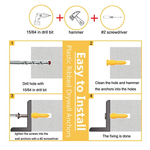 Drywall Anchor kit - Hollow Wall Anchors with Screws Assortment Kit, Self-Drilling Hollow Wall Anchor, for Drywall, Nylon Plastic,100PCS / 50Sets (Yellow 640mm)