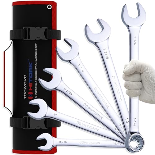 Hitork 6-Piece Large SAE Wrench Set, 12-Point Box End, Drop Forged Chrome-Plated Cr-V Steel, 15° Offset, Polished, Roll Pouch Included – Sizes 15/16” to 1-1/4”