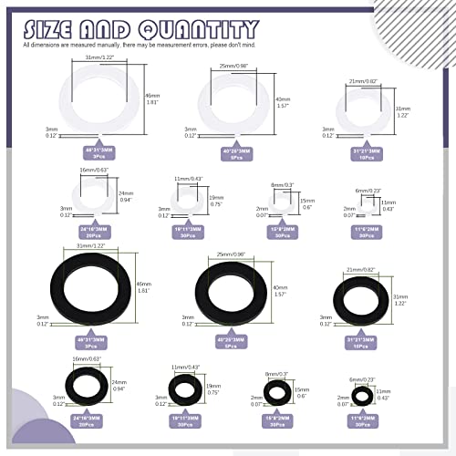 Swpeet 256Pcs 7 Sizes Flat Rubber and Silicone Washers O Ring Plumbing Washers Assortment Kit, Flat Gasket Hose Gasket Set Sealing Washer for Shower Head Washers Garden Faucet Water