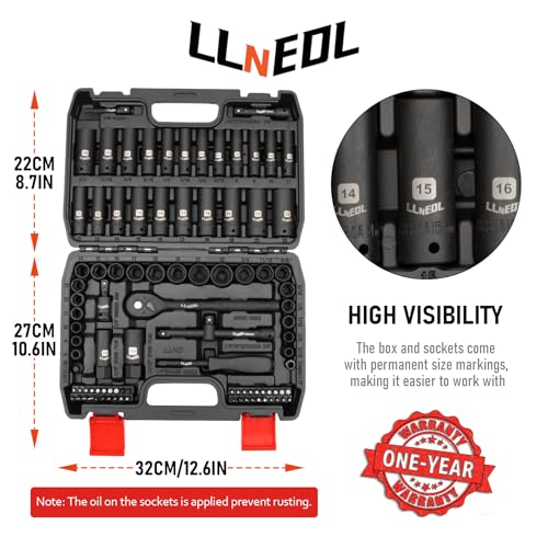 LLNEDL 3/8" Impact Socket Set Drive, 95Pcs Deep&Shallow Socket Wrench Set - color: Black Case
