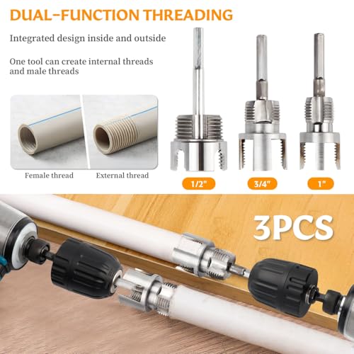3Pcs PVC Pipe Threader Kit, 1/2, 3/4 and 1 Inch Pipe Thread Cutting Tool
