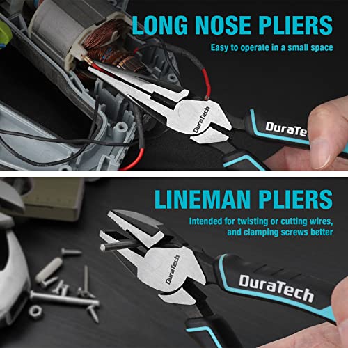 DURATECH 7-Piece Pliers Set with Rolling Pouch,Cr-Ni Construction | 10" & 8" Groove Joint, 8" & 6" Long Nose, 8" Linesman, 6" Slip Joint & Diagonal Pliers