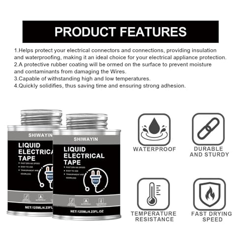 Liquid Electrical Tape 2-Pack, Black, 125ml Each, Waterproof, Fast Drying, High Temperature Resistant, Flexible Rubber Coating for Wires Cables Electrical Equipment, Anti-Corrosion Insulation Sealant