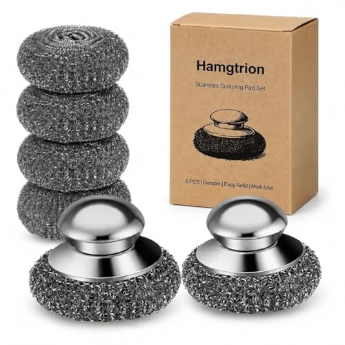 Steel Wool Scrubber, 6-Pack Stainless Steel Scrubber Pads with Handle - The Ultimate Scouring Solution for Rust, Stubborn Messes on Cookware, Grill, Oven & Kitchen Sinks - size: 2 Handle+4 Pads