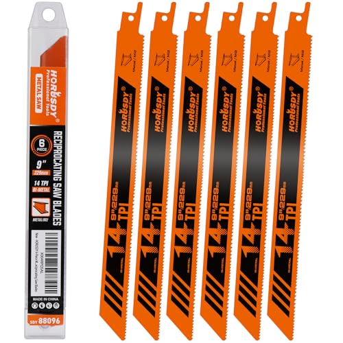 HORUSDY 6PCS 9-Inch 14TPI Bi-Metal Reciprocating Saw Blades, Heavy-Duty Blades for Cutting Steel Pipe, Rebar and Sheet Metal, Universal Shank Fits Most Saws - style: 6-Pc 9"Bi-Metal (Metal Cutting)