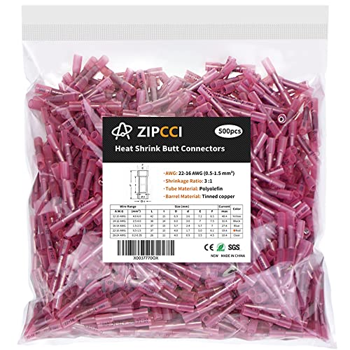 22-16 AWG Heat Shrink Butt Connectors - 500Pcs Red Crimp Waterproof Electrical Cable Wire Connector Speaker Automotive Marine Grade Wire Crimp Terminals Insulated Butt Splices - size: AWG 22-16 [500PCS]
