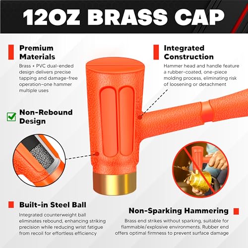 C&T Dead Blow Hammer Set, 3-Piece Kit, 1.5LB Dead blow, 12oz Brass Cap, 16oz Ball-Peen,Brass, No Rebound Design, Unibody Molded Checkered Grip, Home Repair & Garage Use - style: 3PC-1