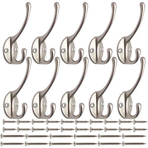 IBosins 10 Pack Silvery Double Coat Hooks Utility Hooks for Coat, Bag, Hat | Dual Coat Hooks Wall Mounted with 40 Screws Retro Double Hooks for Scarf, Towel, Key, Cap, Cup - color: Silvery