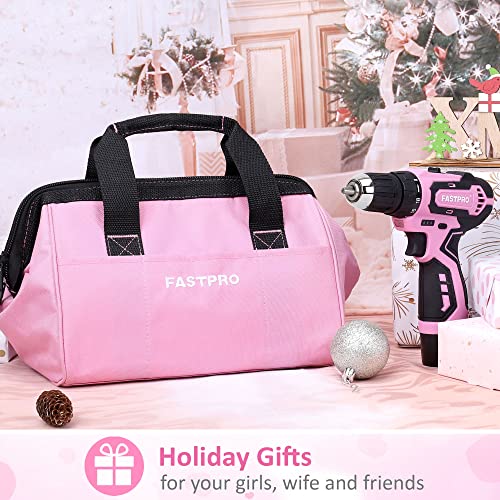 FASTPRO 12V Pink Drill Set for Women, Home Tool Set with Bag - color: Pink