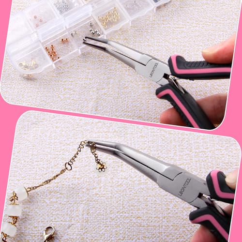 Mini Bent Needle Nose Pliers Smooth Jaws Small Bent Long Nose Pliers Tweezers Long Nose Pliers Jewelry Pliers Pink Tool for Jewelry Making, Wire Wrapping and Object Gripping with Soft Grip - style: Bent Needle Nose Plier Smooth Jaws