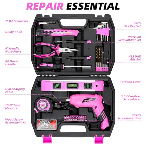 URASISTO 123 Piece Pink Household Tool Set with 3.6V USB Electric Screwdriver, Home Tool Kit with Cordless Lithium-ion Drill Driver, HandTool Kits for Women - size: 123 Piece
