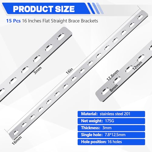 Zonon 15 Pcs 16 Inches Flat Straight Brace Brackets Adjustable 201 Stainless Steel Mending Plate 408mm/16 '' Length 16 Screw Hole Straight Bracket, 2.8 mm Thickness, Slot for 5/16" Screw (Silver) - color: Silver