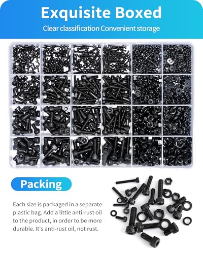 Metric Screw Assortment, 2000PCS Metric Bolt Assortment Kit M2 M3 M4 M5 Machine Screws with Lock & Flat Washers, Grade 12.9 Alloy Steel Hex Socket Head Cap Screws Nuts and Bolts Kit (Black) - size: M2M3M4M5 2000PCS (Black)