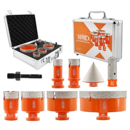 Tile Hole Saw Kit Diamond - 9PCS 5/8-11 Thread Drill Bit 19/25/35/50/65/102mm+50mm Beveling Chamfer Bit+20mm Finger Bit+SDS Adapter for Pocelian Tile Ceramic Marble Granite Stoneware - size: 9 pcs - 19/25/35/50/65/102mm, style: Flash Toothed