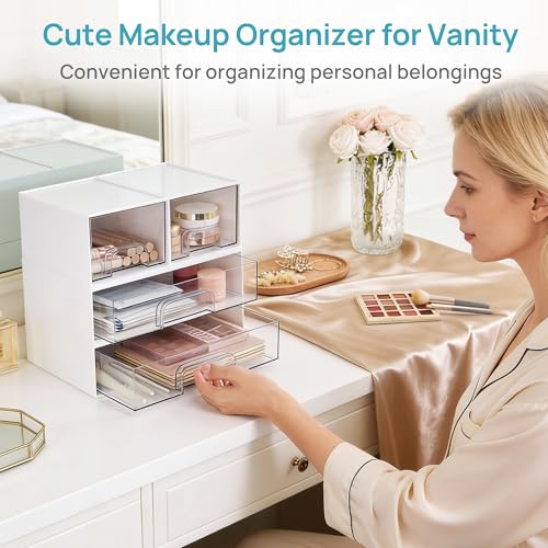 Vtopmart White Stackable Storage Drawers, 2 Pack Wide Organizers | Pull-Out Drawers, Stackable Design for Makeup Palettes, Cosmetics, Beauty Supplies, Vanity, Cabinet and Desk - style: 2pack Wide White