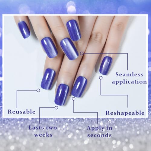 Cat Eye Press On Nails - Glitter Cobalt Blue Medium Square Magnetic Acrylic Fake Nails, Stylish Design, Salon-Quality Shiny Finish, Reusable Stick On Nails Kit for Women (No Glue Included) - color: ZF151-2, size: 24 pieces (Pack of 1)