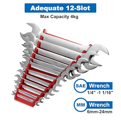 HARFINGTON 4pcs Magnetic Wrench Organizer, 12-Slot Each Wrench Holder, Wrench Rack Tray Storage For Tool Box, For Wrenches with Size SAE:1/4" - 15/16" Metric 6mm-24mm, Black,Red - color: Black,Red