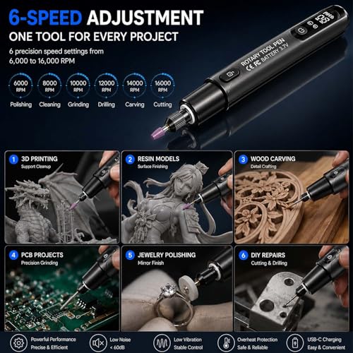 Mini Cordless Rotary Tool, 6-Speed, 3.7V Rechargeable Rotary Tool Kit with 36 Accessories, USB Charging Digital Display Multi-Purpose DIY Tool for Sanding, Polishing, Drilling, Engraving
