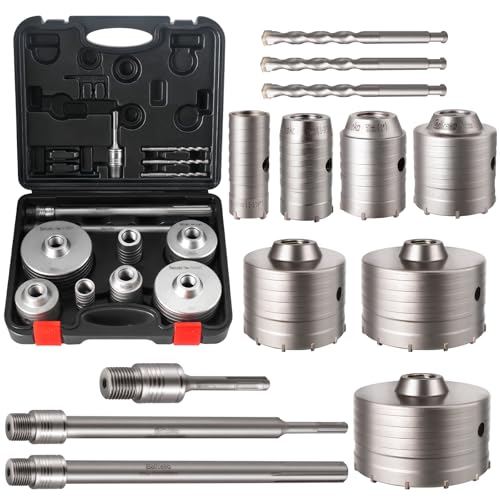 Concrete Hole Saw Kit with Upgraded SDS Plus & Max Shank, Kit Size 30 40 50 65 80 100 110 MM, Concrete Hole Saw Set for Concrete Brick Stone Cement Wall