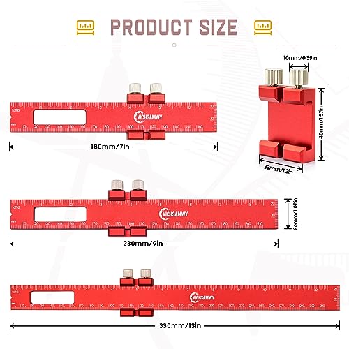 Precision Metal Slide Stop Scribing Ruler - 12, 8 & 6 Inch, Adjustable Measuring & Marking for Woodworking - color: Red