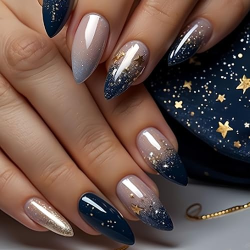 Ombre Press On Nails medium, Almond Fake Nails Featuring a Nude-to-Blue Gradient and accented with golden glitte, Glossy Finish Acrylic Nails, Reusable Glue On Nails for Women - color: 42-Golden Tide