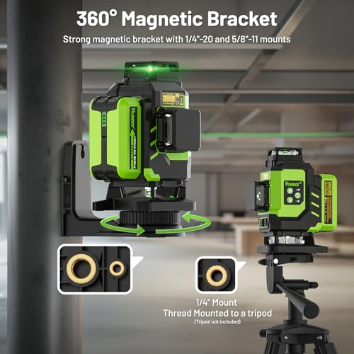 Huepar Laser Level 360 Self Leveling, Rechargeable Green Laser 4x360° Cross Line Lazer Leveler 4D Level Laser Tool for Construction with Two Li-ion Batteries, Magnetic Bracket &Hard Carry Case -LS04CG