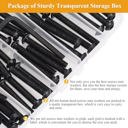 M6 Screws, Nuts & Washers Set - 65 Pieces, 30/35/40/45/50mm, Black, 10.9 Grade Alloy Steel, Fully Threaded - size: M6 Long Screws Kit, style: Button Head