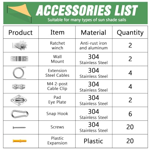UIRWAY Shade Sail Hardware Winch Set Kit, 60Pcs Stainless Steel Hardware Kit for Rectangle Triangle Canopy, Heavy Duty Anti-Rust Hardware Kit Set for Outdoor Garden Patio(Ratchet Winch +304 Wire Rope) - size: 60 pcs - Ratchet Winch