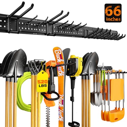 Garage Tool Organizer Wall Mount 66 inches with 13 Adjustable Heavy-Duty Hooks, Garage Organization, Garden Tool Storage Rack for Garage, Yard, and Shed, Holds Up to 520 lbs - color: Black, size: 64" | 4 Panels + 13 Hooks