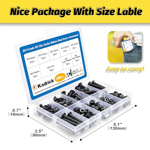 KADRICK 280PCS M5 Screw Kit,Hex Socket Button Head Screws Length 8MM-30MM - size: M5 280Pcs 8-30mm