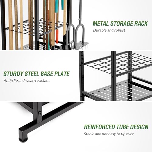 Sttoraboks Garden Tool Organizer Rack Up to 50 Tools, Heavy-Duty Steel Yard Tool Organizer for Garage Storage with 11 Hooks, Broom Holder & Garden Tool Rack for Shed, Patio, Outdoor Use, Black - style: Rack with hooks