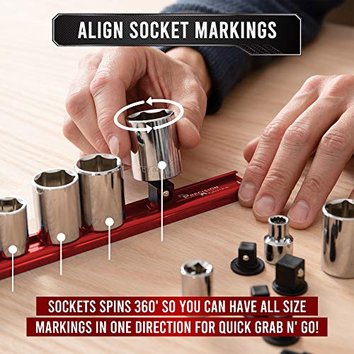 Precision Defined Aluminum Tool Socket Holder 3-Piece Set | Red, 1/4-Inch x 16 Clips, 3/8-Inch x 16 Clips, 1/2-Inch x 14 Clips | 360 Rotation - Heavy Duty Socket Rails Organizer, Socket Storage - color: Red