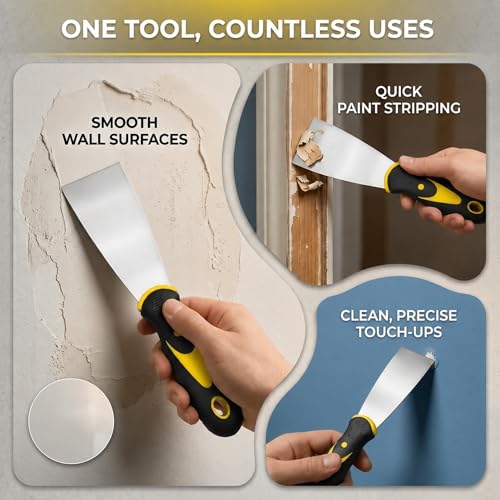 5 Pack 2-Inch Putty Knife Set, Stainless Steel Blade Paint Scrapers with Comfortable Soft Grip Handles, Heavy Duty Spackling Knives for Drywall Repair, Plaster, Wallpaper Removal and Home Improvement