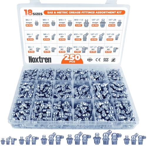 250PCS Grease Fittings Assortment, 18 Essential Sizes SAE & Metric Zerk Grease Fittings Kit– Includes UNF NPT 1/4" 1/8" M6 M8 M10, Straight 45 90 Degree for Grease Guns - size: 250