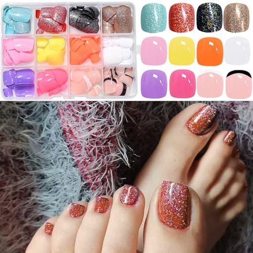 288Pcs Press on Toenails Short Square Toe Fake Nails with Glue Tabs,12 Color Gel Fake Toenails Press ons, Glitter French Glossy Glue on Toenail Acrylic Toes Nails False Presson Stick Toenail for Feet - color: 12 Color Press on Toenails