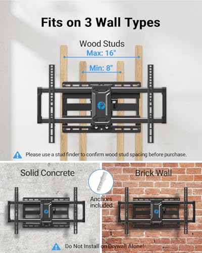Pipishell Full Motion TV Wall Mount for 42-85 inch LED TVs up to 132lbs, Fits 65 75 Inch Swivel TV Mount Bracket with Articulating Arms, Max VESA 600x400mm, Fits 12” 16" Wood Studs - style: Fits 42-85" TVs / Max 16" Wood Stud