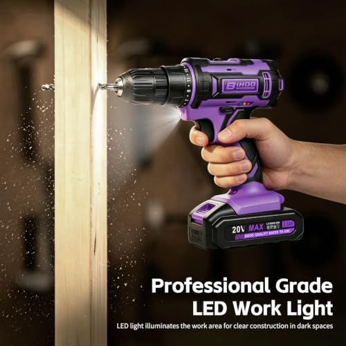 20V Cordless Drill with Battery and Charger, 3/8'' chuck, Purple - color: Purple