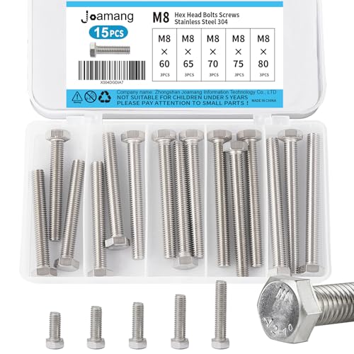 M8 x 60mm 65mm 70mm 75mm 80mm Hex Bolts, Hexagon Head Screws, 304 Stainless Steel(A2-70), Metric Fully Thread, Bright Finish, Assortment Kit 15PCS - size: M8x60-80mm(15PCS)