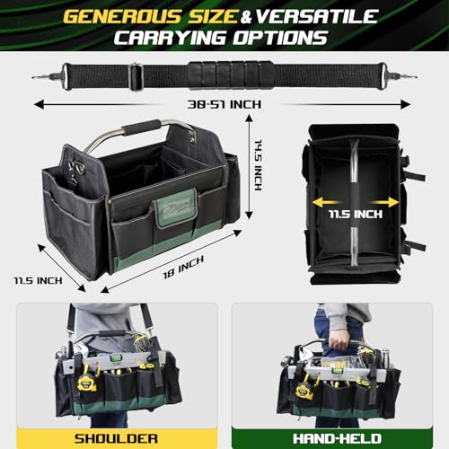 18 Inch Open Top Tool Bag, Tool Bags for Men with 30 Pockets, 1680D Waterproof Fabric, Foldable Electrician Tool Bag with Rotating Handle, Reflective Tool Organizer for Men, Green - color: Black-Green