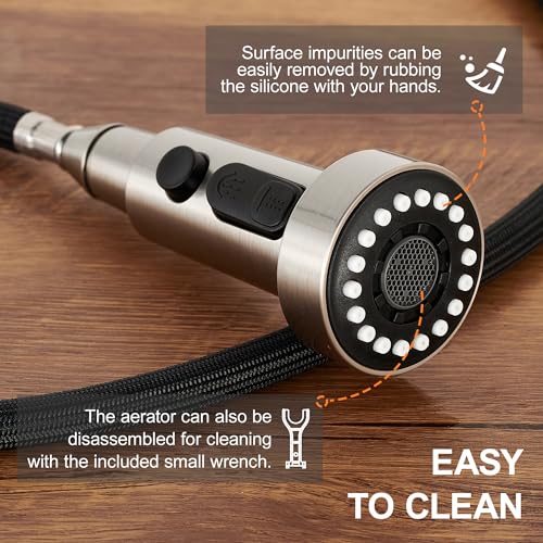 TIORIY with 15 Adapters Pull Down Kitchen Sink Faucet Head Replacement, 3 Functions Plastic Kitchen Sink Sprayer Nozzle Replacement for Kitchen Faucet, Pause Mode (Brushed Nickel) - color: Brushed Nickel, style: Pause