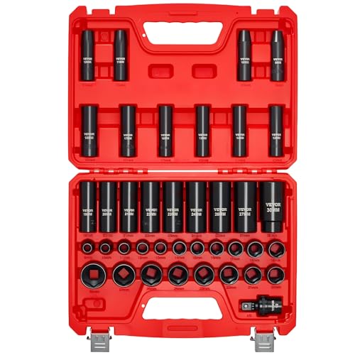 VEVOR 39-Piece Impact Socket Set 1/2" Drive, Metric (9 to 30 mm) Size, Deep & Shallow, 6-Point, CR-V, Universal Joint, Heavy Duty Carrying Case - size: 1/2" 39 PCS