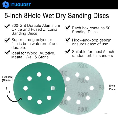 5 Inch 8 Hole P800 Grit Zirconia Wet Dry Sanding Discs - 50 Pack - size: 800 Grit