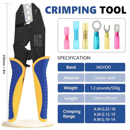 Wire Crimping Tool for Heat Shrink Wire Connectors AWG 20-10 Ratchet Wire Terminal Crimper Insulated Nylon Connectors and Electrical Wire Connectors Ratcheting Crimping Plier