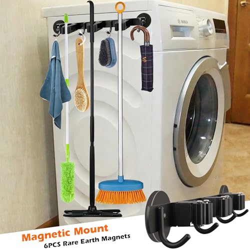 MUTUACTOR Magnetic Broom Holder,Anti-slip Heavy Duty Broom and Mop Hanger Metal Tool Holder 3 Racks and 4 Hooks for Laundry Garage Kitchen Factories Workshops Organization and Storage(1 Set) - style: Heavy Duty,New Black,3 Hooks 4 Slots