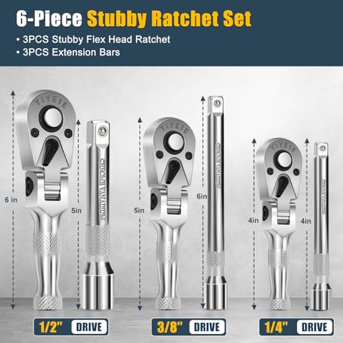 YIYEIE Stubby Flex Head Ratchet Set, 6PCS Stubby Ratchet Set 1/4 3/8 1/2 inch with 3 Extension Bars, 72 Tooth Reversible & Quick-Release, 180° Swivel Head Mini Handle with EVA Foam - size: 1/4", 3/8", 1/2" Drive, style: Stubby Ratchet Set