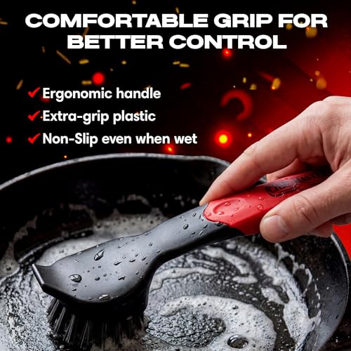 Cast Iron Scrub Brush with Heavy Duty Scraper - Nylon Bristles Dish Scrubber for Pans, Skillets and Woks – Kitchen Cleaner Removes Grime, Grease, Food Build Up - 90058 by Chef Master