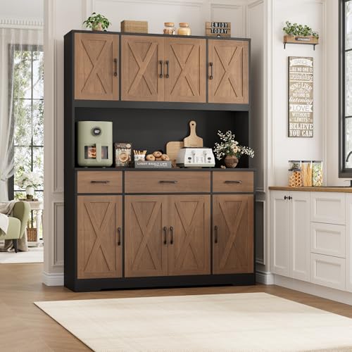 HOSTACK 71" Tall Kitchen Pantry Cabinet, 55" W Kitchen Hutch, Brown/Black | Large Pantry Cabinet with Charging Station / Countertop / 3 Drawers, Farmhouse Hutch Cabinet with Storage for Dining Room - color: Brown/Black