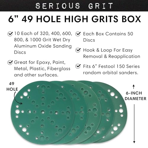 Serious Grit - 6-Inch 49-Hole Sanding Disc - Fine Grit Assortment - 50 Pack - size: High Grit